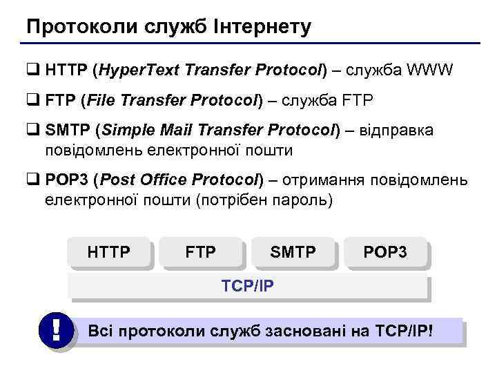 Протоколи служб Інтернету q HTTP (Hyper. Text Transfer Protocol) – служба WWW q FTP