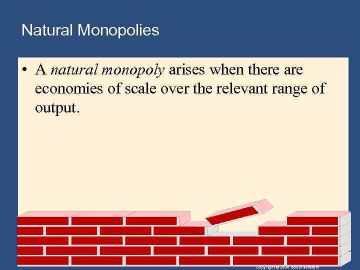 Natural Monopolies • A natural monopoly arises when there are economies of scale over
