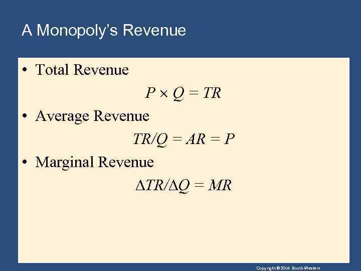 A Monopoly’s Revenue • Total Revenue P Q = TR • Average Revenue TR/Q