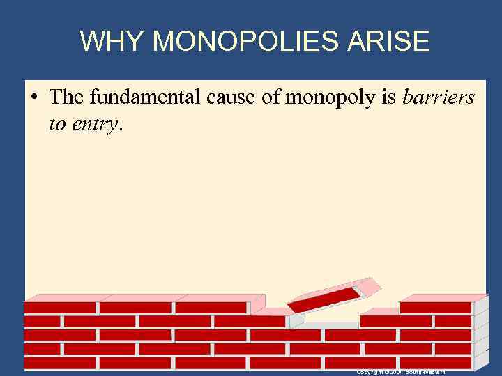 WHY MONOPOLIES ARISE • The fundamental cause of monopoly is barriers to entry. Copyright