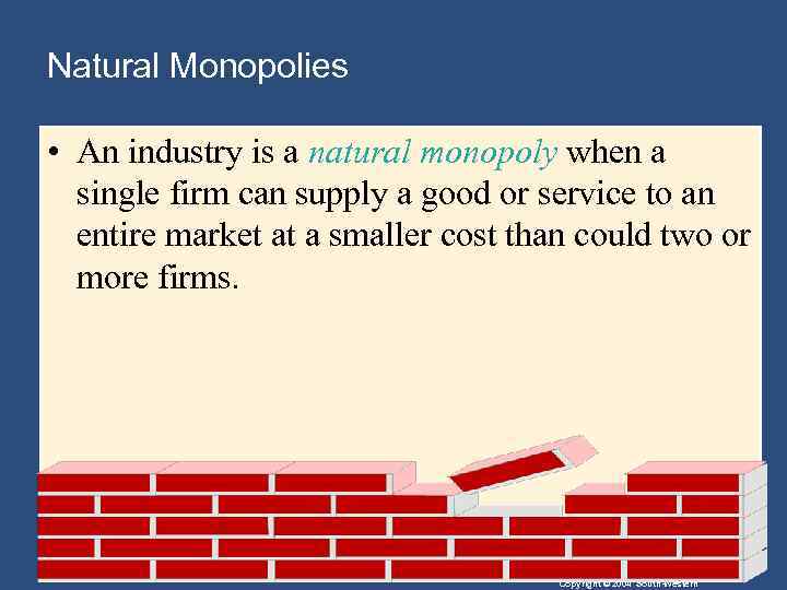 Natural Monopolies • An industry is a natural monopoly when a single firm can
