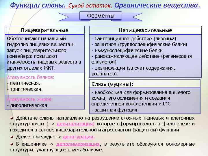 Функции слюны. Сухой остаток. Органические вещества. Ферменты Пищеварительные Обеспечивают начальный гидролиз пищевых веществ и