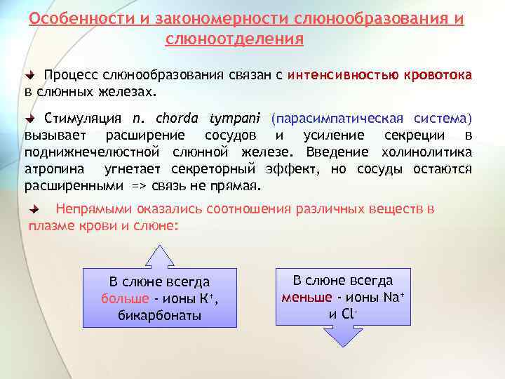 Особенности и закономерности слюнообразования и слюноотделения Процесс слюнообразования связан с интенсивностью кровотока в слюнных
