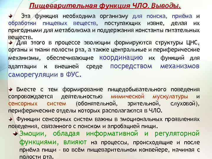 Пищеварительная функция ЧЛО. Выводы. Эта функция необходима организму для поиска, приёма и обработки пищевых