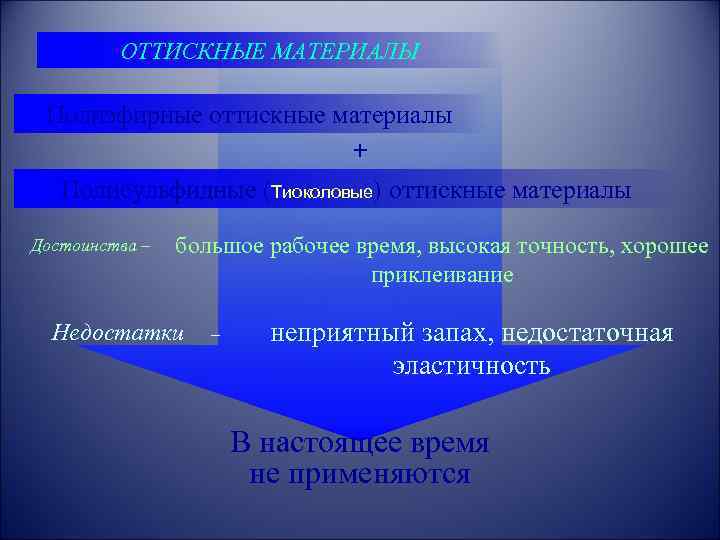 ОТТИСКНЫЕ МАТЕРИАЛЫ Полиэфирные оттискные материалы + Полисульфидные (Тиоколовые) оттискные материалы Достоинства – большое рабочее