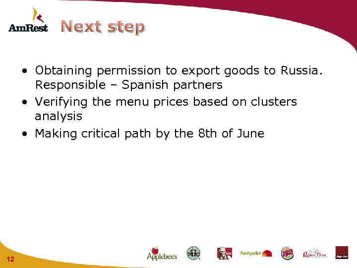 Next step • Obtaining permission to export goods to Russia. Responsible – Spanish partners