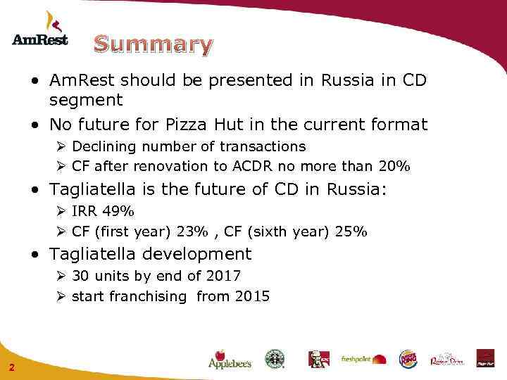 Summary • Am. Rest should be presented in Russia in CD segment • No