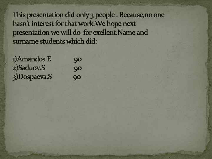 This presentation did only 3 people. Because, no one hasn’t interest for that work.