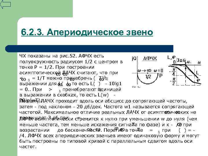 6. 2. 3. Апериодическое звено ЧХ показаны на рис. 52. АФЧХ есть полуокружность радиусом