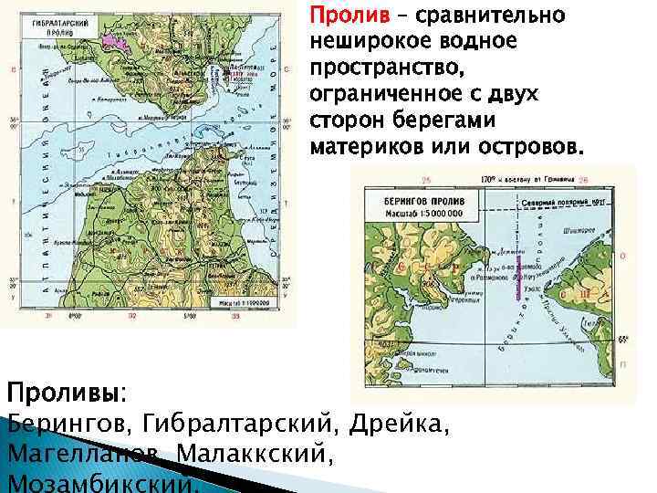 Пролив – сравнительно неширокое водное пространство, ограниченное с двух сторон берегами материков или островов.