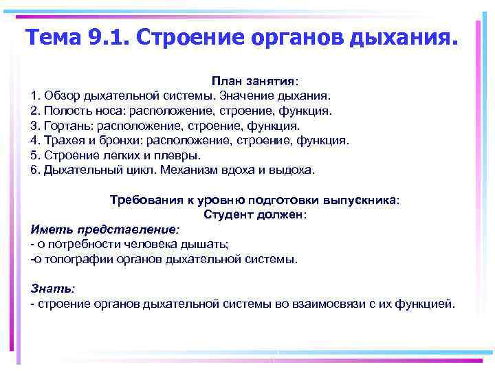 Тема 9. 1. Строение органов дыхания. План занятия: 1. Обзор дыхательной системы. Значение дыхания.