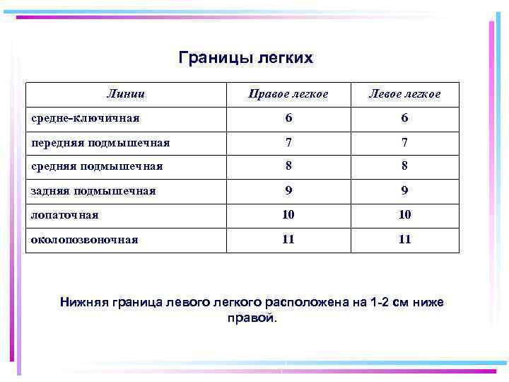 Границы легких Линии Правое легкое Левое легкое средне-ключичная 6 6 передняя подмышечная 7 7