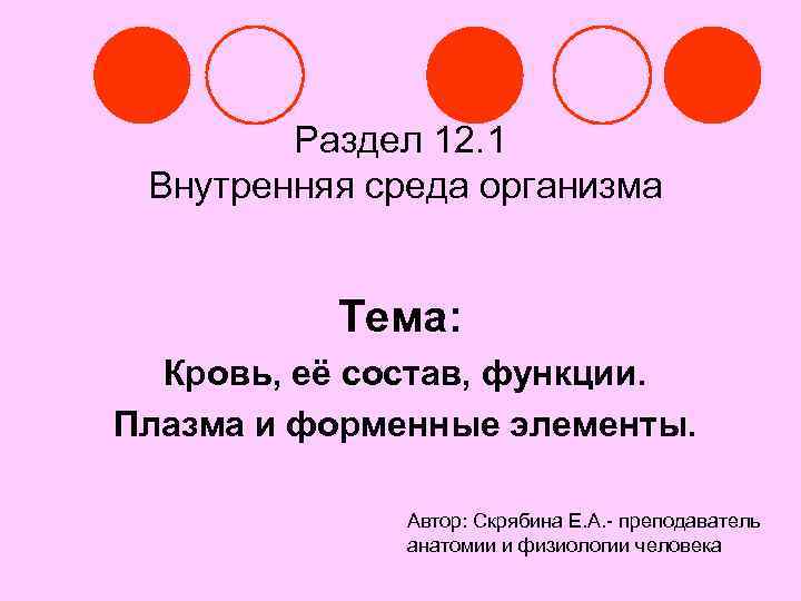 Раздел 12. 1 Внутренняя среда организма Тема: Кровь, её состав, функции. Плазма и форменные