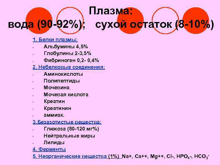 Плазма: вода (90 -92%); сухой остаток (8 -10%) 1. Белки плазмы: Альбумины 4, 5%