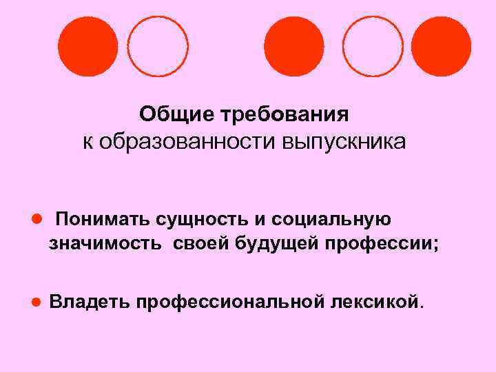 Общие требования к образованности выпускника l Понимать сущность и социальную значимость своей будущей профессии;