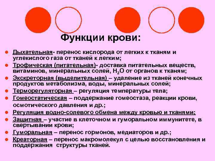 Функции крови: l l l l l Дыхательная- перенос кислорода от легких к тканям