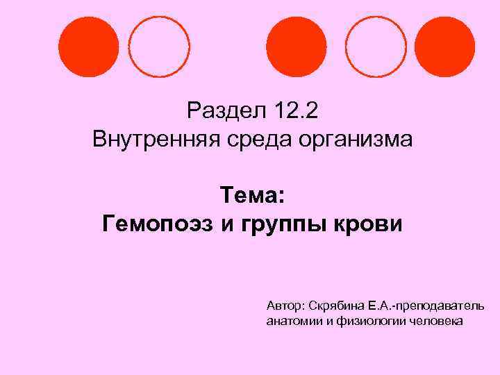 Раздел 12. 2 Внутренняя среда организма Тема: Гемопоэз и группы крови Автор: Скрябина Е.
