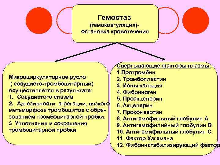 Гемостаз (гемокоагуляция)остановка кровотечения Микроциркуляторное русло ( сосудисто-тромбоцитарный) осуществляется в результате: 1. Сосудистого спазма 2.