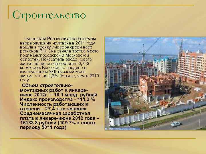 Строительство Чувашская Республика по объемам ввода жилья на человека в 2011 году вошла в