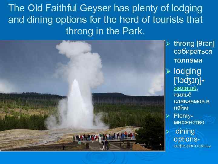 The Old Faithful Geyser has plenty of lodging and dining options for the herd