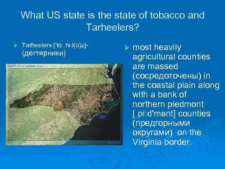 What US state is the state of tobacco and Tarheelers? Ø Tarheelers ['tɑːˌhiːl(ə)z]- (дегтярники)