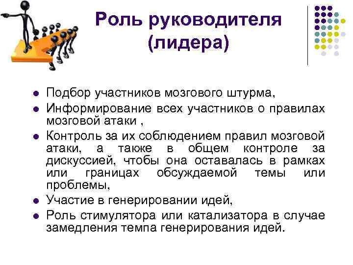 Роль руководителя (лидера) l l l Подбор участников мозгового штурма, Информирование всех участников о