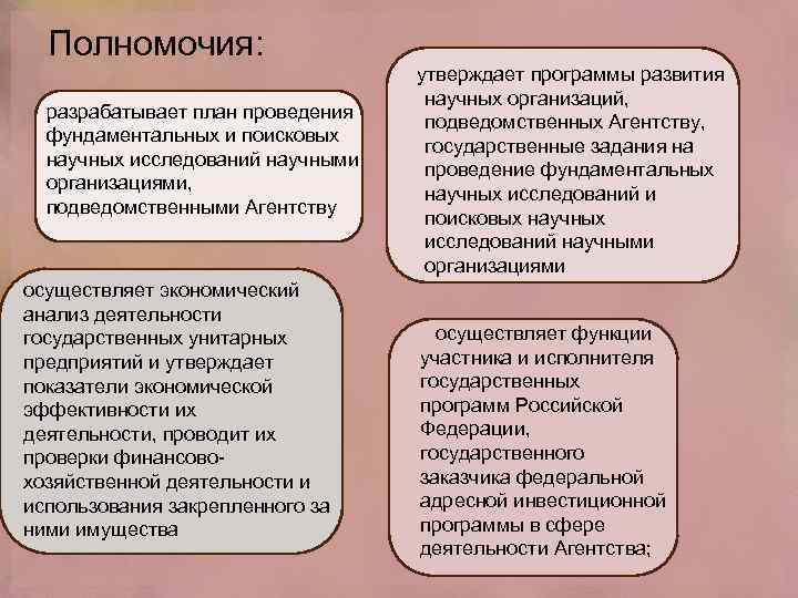 Полномочия: разрабатывает план проведения фундаментальных и поисковых научных исследований научными организациями, подведомственными Агентству осуществляет