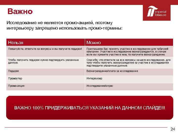 Важно Исследование не является промо-акцией, поэтому интервьюеру запрещено использовать промо-термины: Нельзя Можно Пожалуйста, ответьте