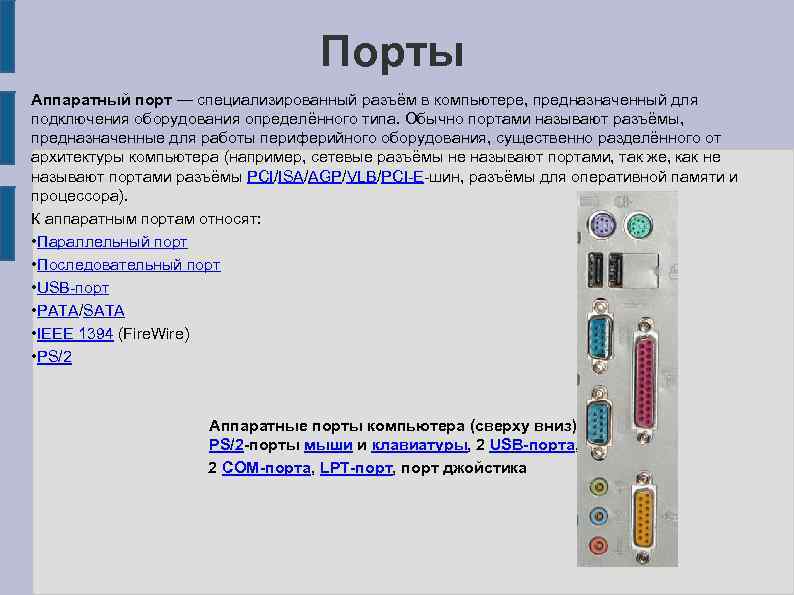 Разъем в компьютере предназначенный для подключения оборудования определенного типа 4 буквы