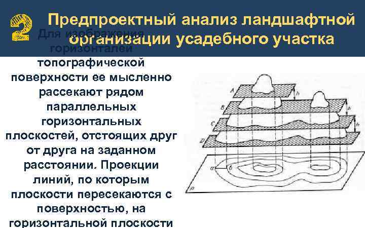 Предпроектный анализ ландшафтной Для изображения организации усадебного участка горизонталей топографической поверхности ее мысленно рассекают