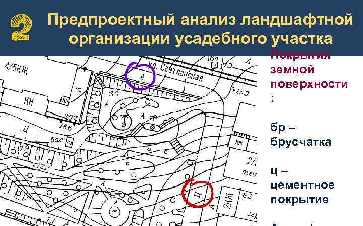 Предпроектный анализ ландшафтной организации усадебного участка Покрытия земной поверхности : бр – брусчатка ц