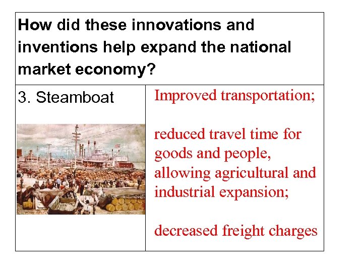 How did these innovations and inventions help expand the national market economy? 3. Steamboat