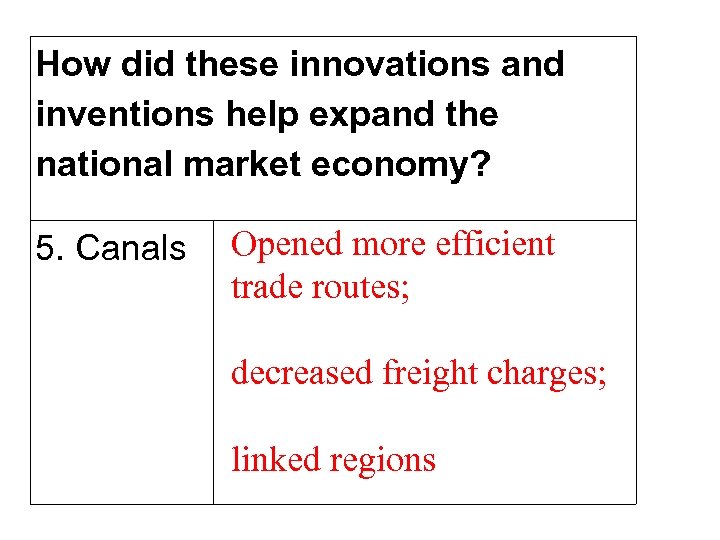 How did these innovations and inventions help expand the national market economy? 5. Canals