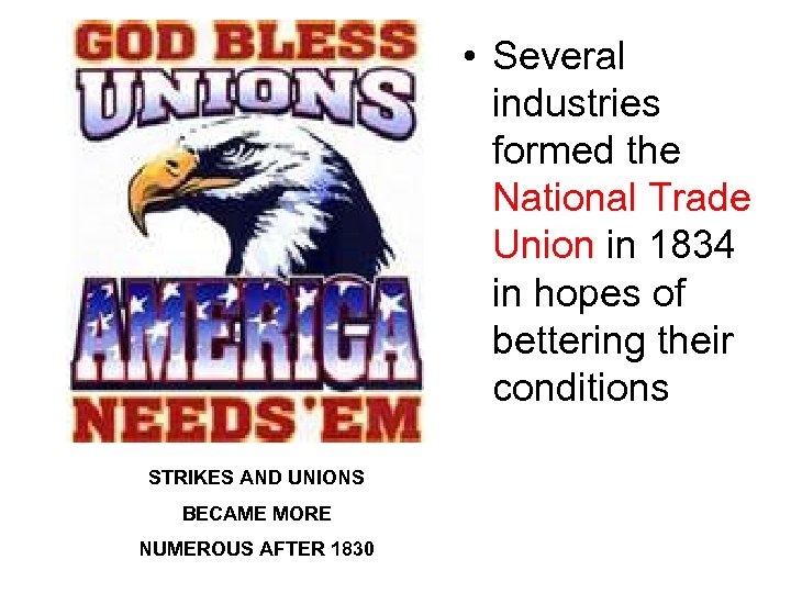  • Several industries formed the National Trade Union in 1834 in hopes of