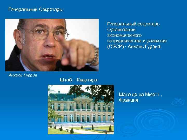 Генеральный Секретарь: Генеральный секретарь Организации экономического сотрудничества и развития (ОЭСР) - Анхель Гурриа Штаб