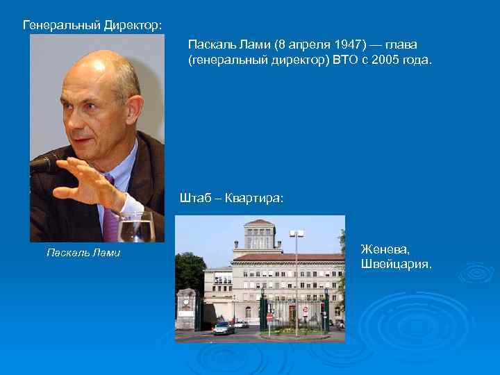 Генеральный Директор: Паскаль Лами (8 апреля 1947) — глава (генеральный директор) ВТО с 2005