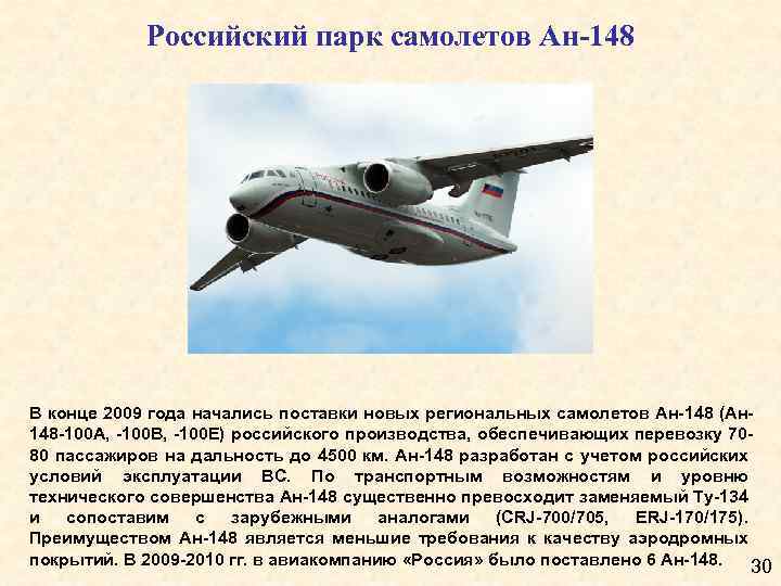 Российский парк самолетов Ан-148 В конце 2009 года начались поставки новых региональных самолетов Ан-148