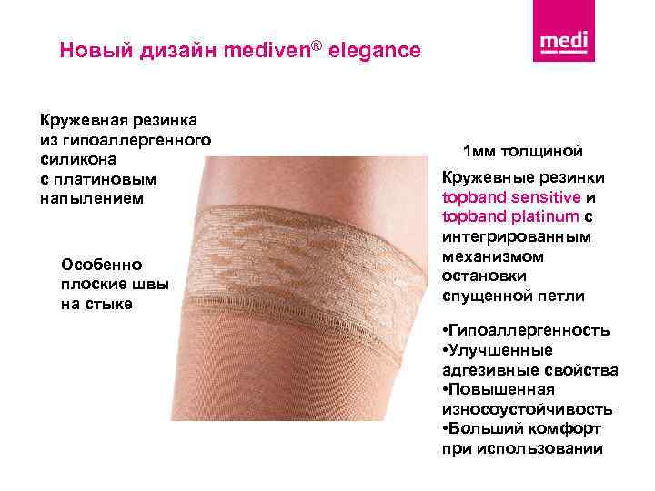Новый дизайн mediven® elegance Кружевная резинка из гипоаллергенного силикона с платиновым напылением Особенно плоские