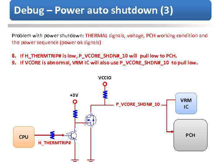 Debug – Power auto shutdown (3) Problem with power shutdown: THERMAL signals, voltage, PCH