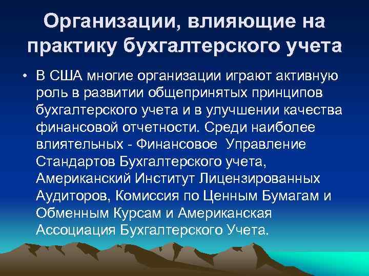 Организации, влияющие на практику бухгалтерского учета • В США многие организации играют активную роль