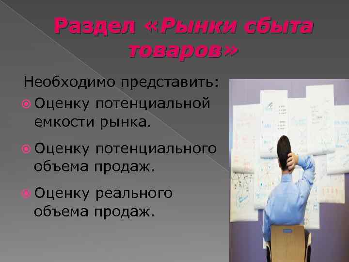 Раздел «Рынки сбыта товаров» Необходимо представить: Оценку потенциальной емкости рынка. Оценку потенциального объема продаж.