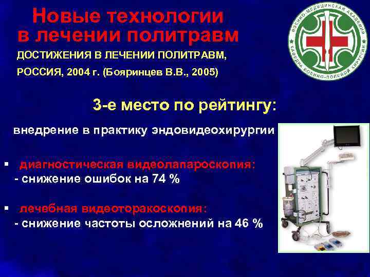 Новые технологии в лечении политравм ДОСТИЖЕНИЯ В ЛЕЧЕНИИ ПОЛИТРАВМ, РОССИЯ, 2004 г. (Бояринцев В.
