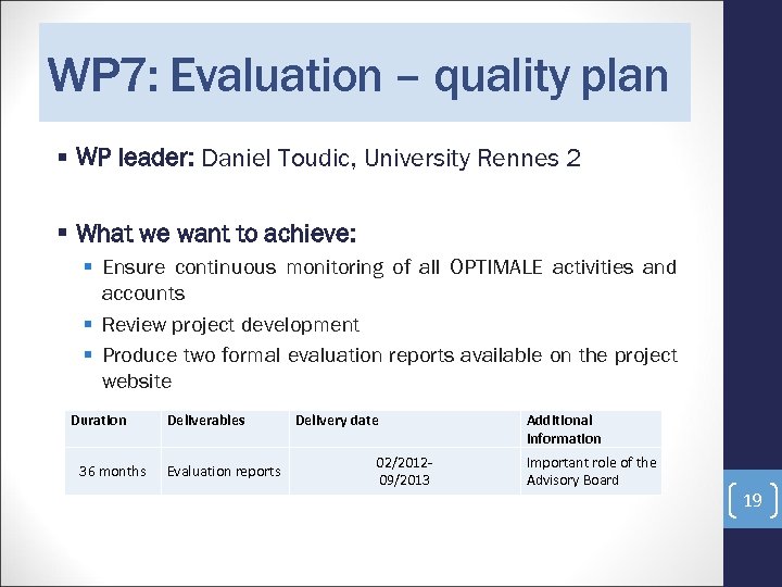 WP 7: Evaluation – quality plan WP leader: Daniel Toudic, University Rennes 2 What
