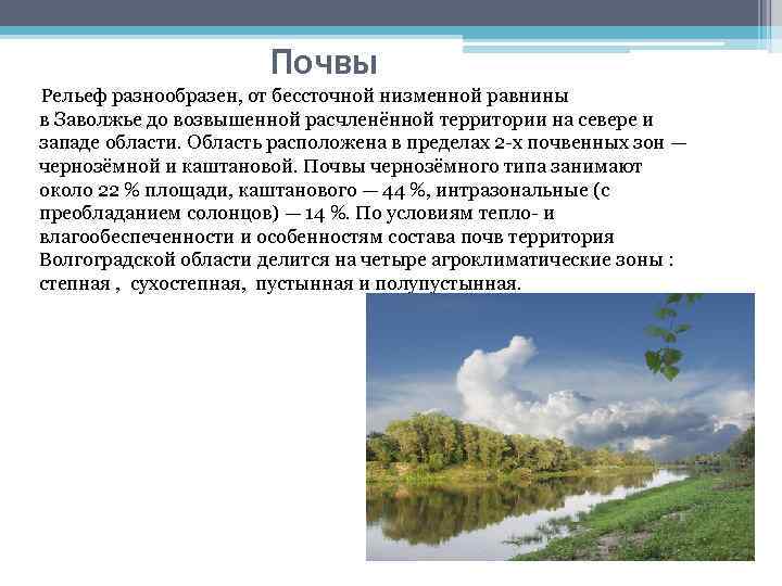 Почвы Рельеф разнообразен, от бессточной низменной равнины в Заволжье до возвышенной расчленённой территории на