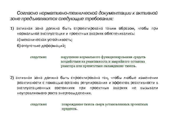 Согласно нормативно-технической документации к активной зоне предъявляются следующие требования: 1) активная зона должна быть