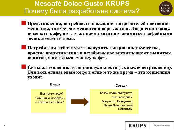 Nescafé Dolce Gusto KRUPS Почему была разработана система? ¢ Представления, потребность и желания потребителей