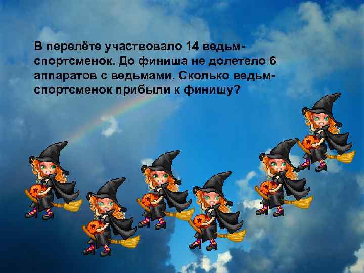 В перелёте участвовало 14 ведьмспортсменок. До финиша не долетело 6 аппаратов с ведьмами. Сколько