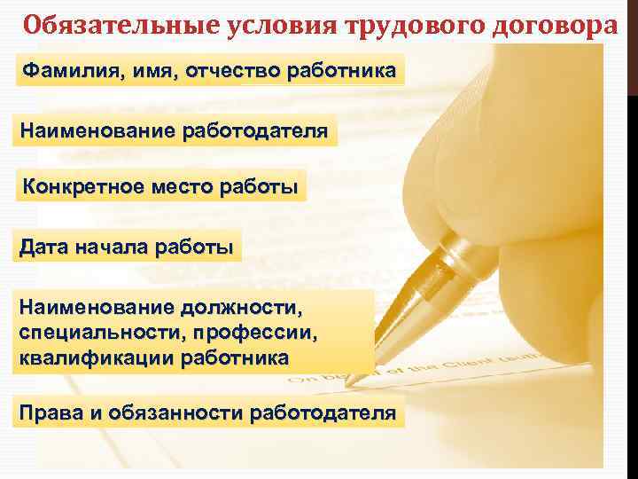 Обязательные условия трудового договора Фамилия, имя, отчество работника Наименование работодателя Конкретное место работы Дата