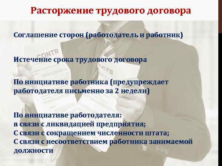 Расторжение трудового договора Соглашение сторон (работодатель и работник) Истечение срока трудового договора По инициативе