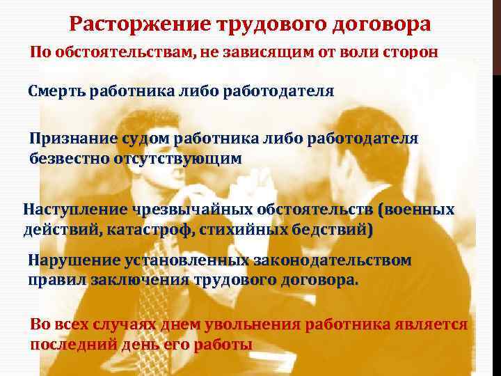 Расторжение трудового договора По обстоятельствам, не зависящим от воли сторон Смерть работника либо работодателя